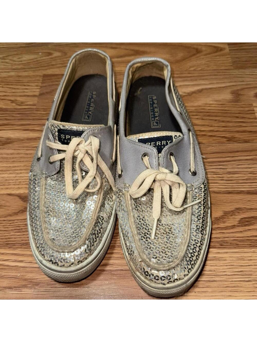 Sperry Top Sider 9383266 Women Silver Sequin Boat Shoes Size 10